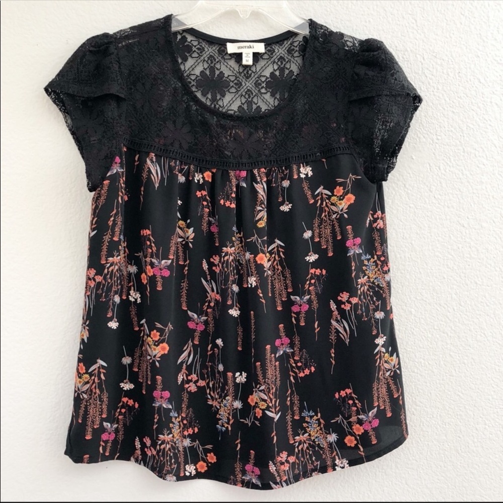 Meraki Lovely Black Floral Design Lace Detail Top
